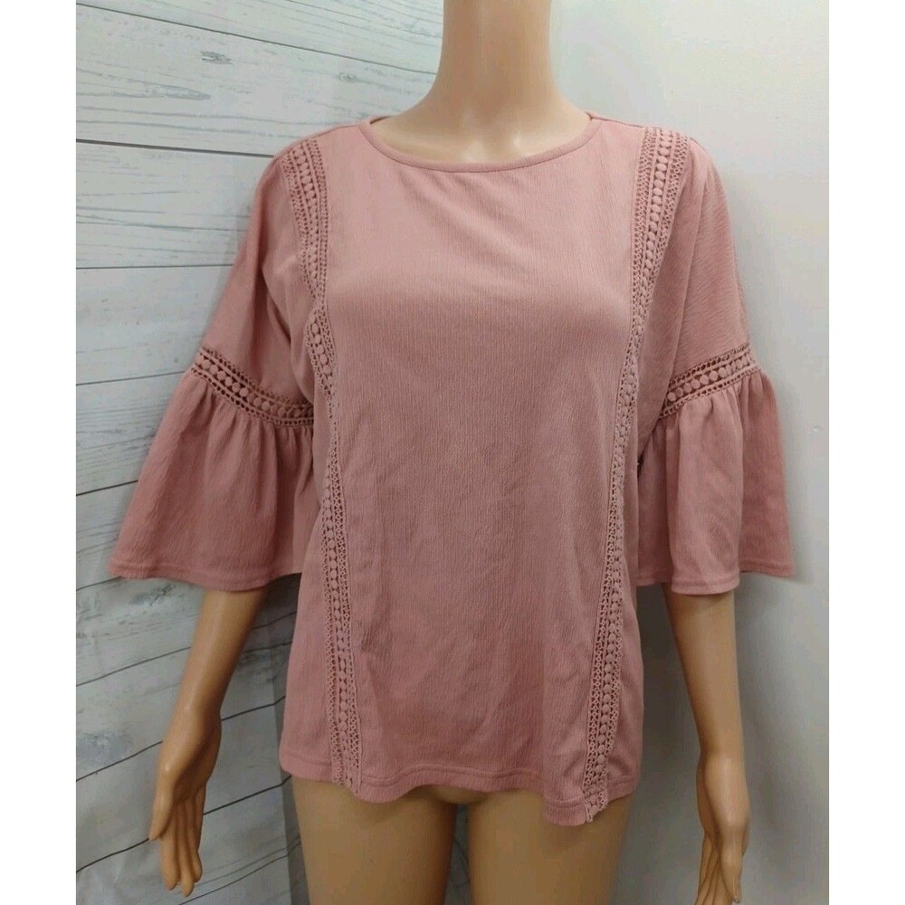Lauren Conrad Top Sz S Womens Rose Pink Bell Sleeve Stretch Lace/Eyelet